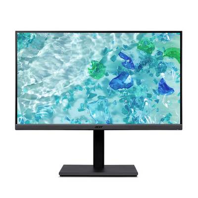 Moniteur à écran plat Acer sur un support affichant une image abstraite ressemblant à de l'eau bleu-vert.