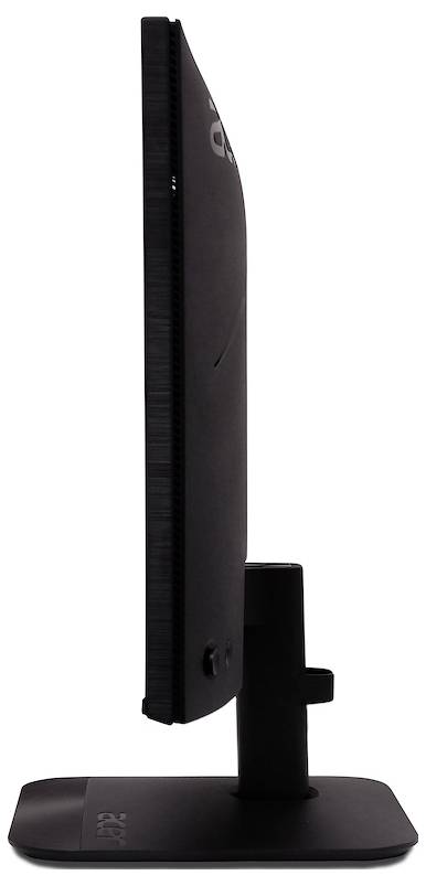 Vue latérale d'un écran d'ordinateur noir sur un support rectangulaire sur un fond blanc.