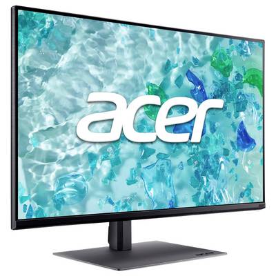 Moniteur informatique Acer sur un support affichant un fond bleu abstrait avec le logo Acer.