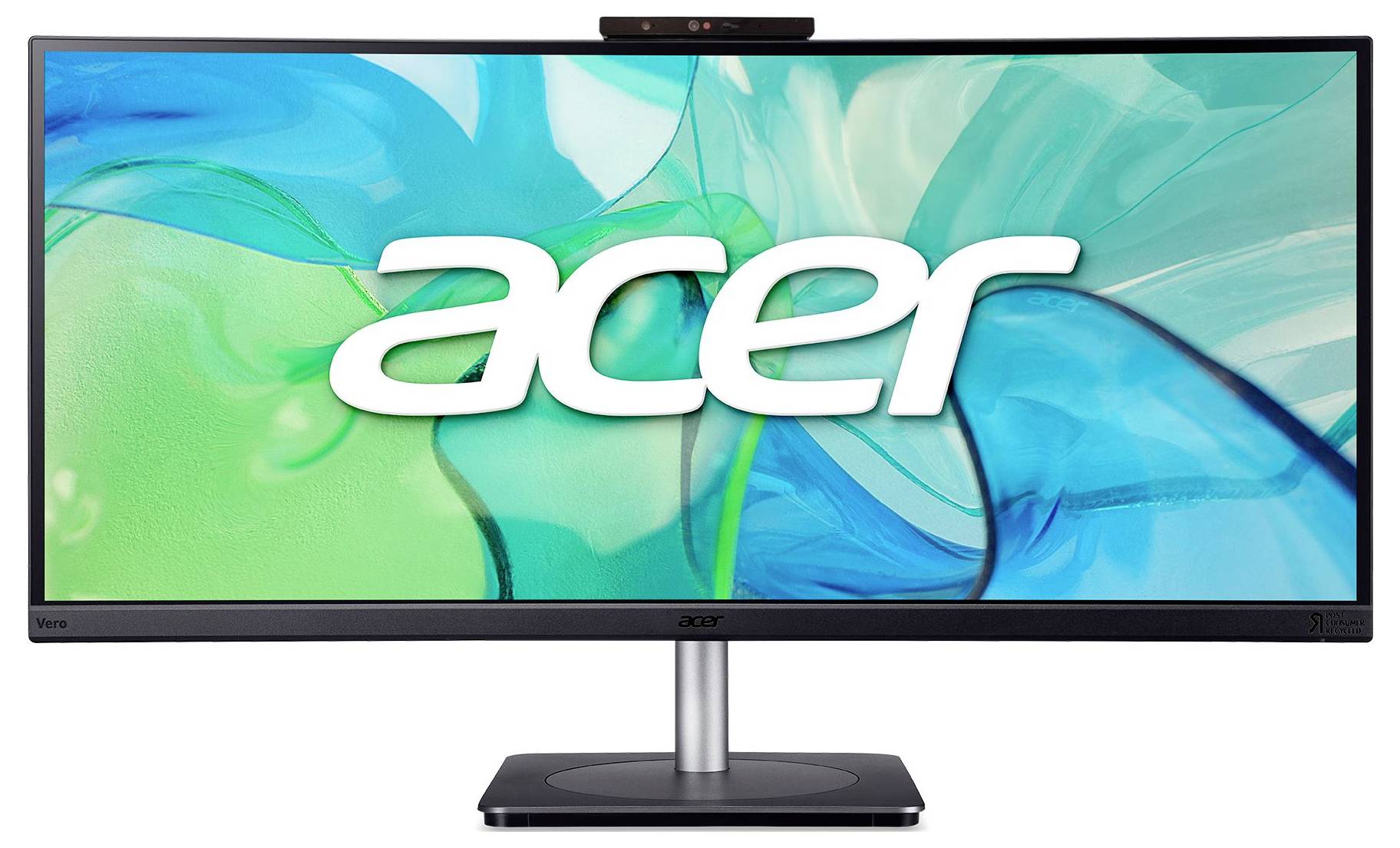 Moniteur Acer grand écran affichant le logo Acer sur un fond abstrait bleu-vert.