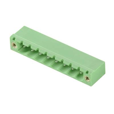 Bloc de connecteurs électriques verts avec plusieurs contacts métalliques et bornes à vis aux deux extrémités, présenté sur un fond blanc.