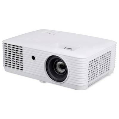 Projecteur multimédia rectangulaire blanc présenté de face-gauche, avec un objectif central, des grilles de ventilation, et un boîtier lisse à nervures sur fond blanc