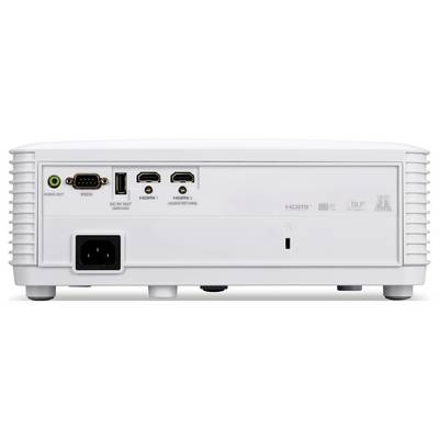 Vue arrière d'un projecteur blanc montrant les ports et les connexions : sortie audio, RS-232, service USB, deux entrées HDMI, prise d'alimentation et voyant d'état.
