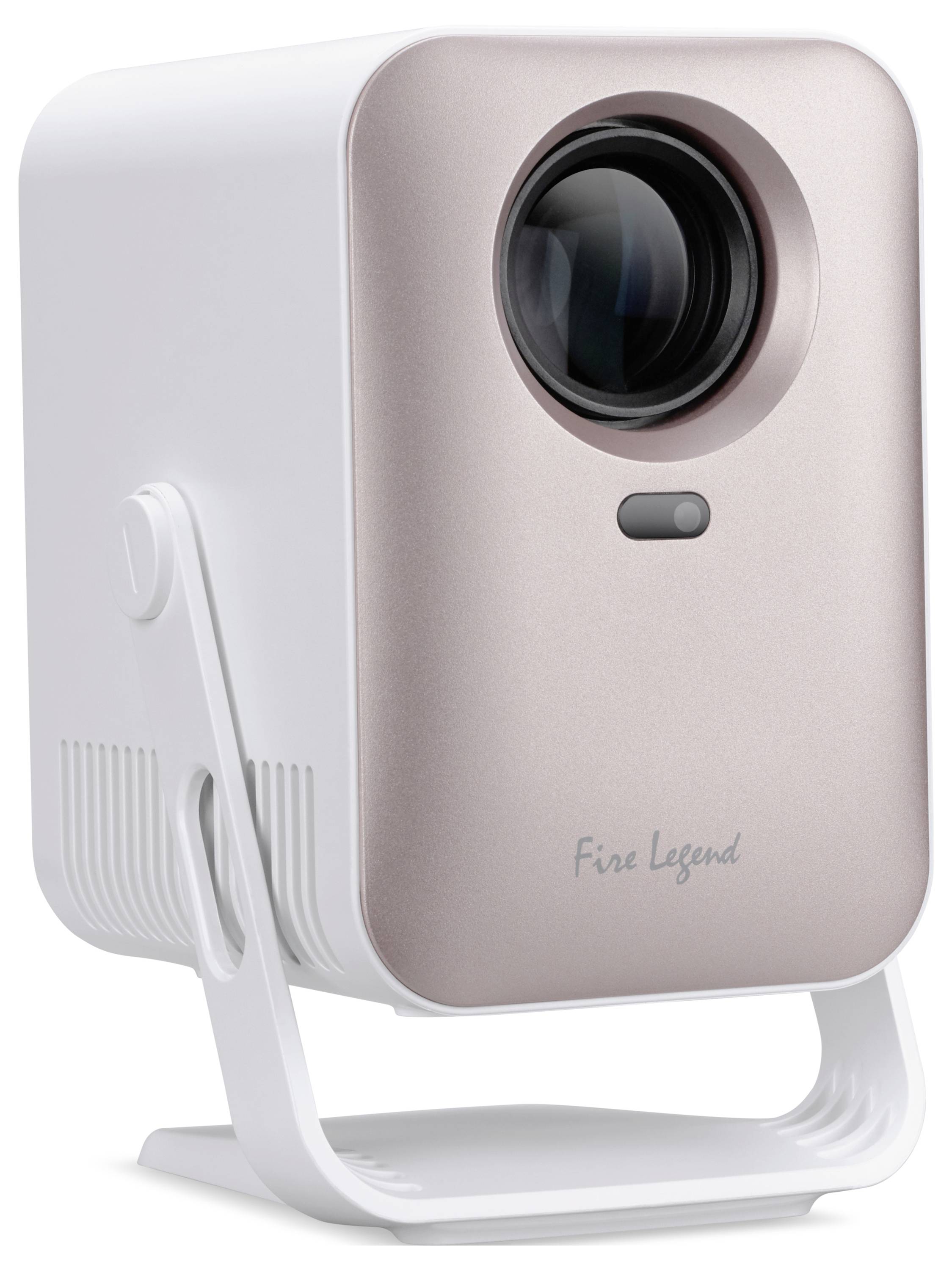 Projecteur compact en blanc et or rose sur un support, avec un grand objectif et une marque « Fire Legend ».