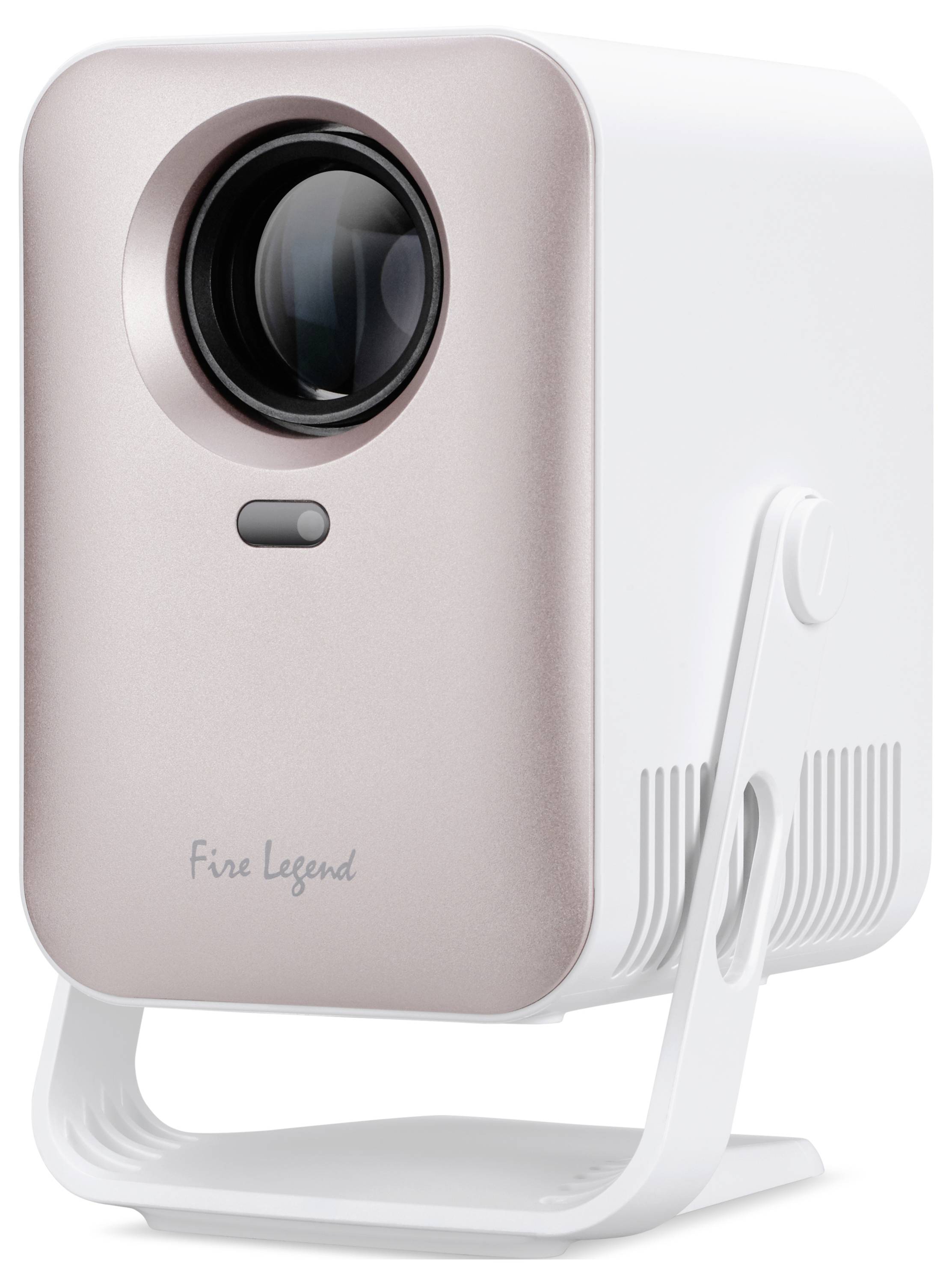 Projecteur compact rose et blanc sur un support, avec un grand objectif et une marque « Fire Legend » sur la façade.