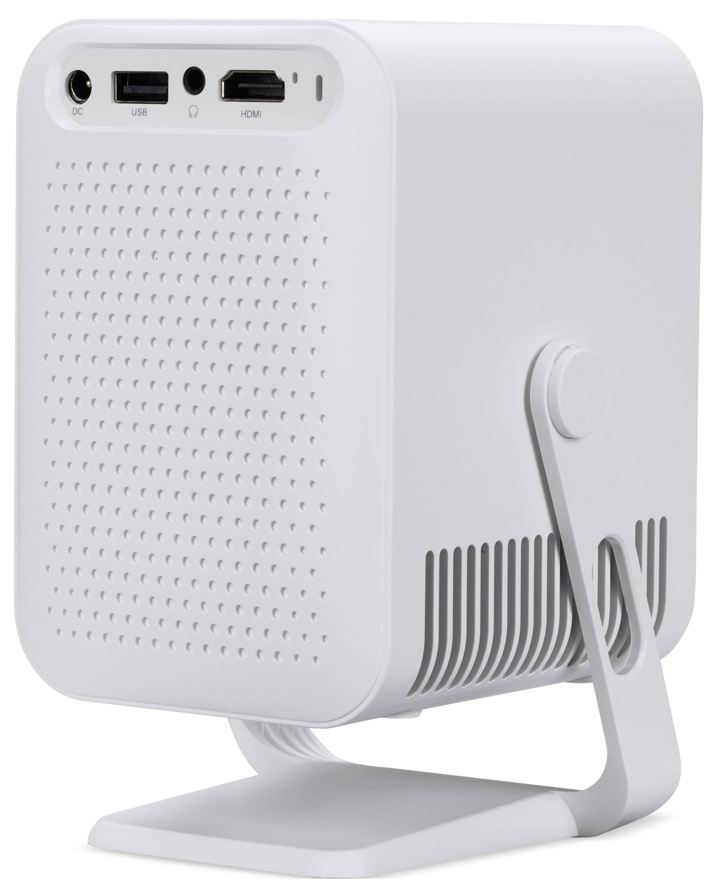 Projecteur compact blanc avec objectif, ports USB et HDMI, et grilles de haut-parleur perforées sur un support.