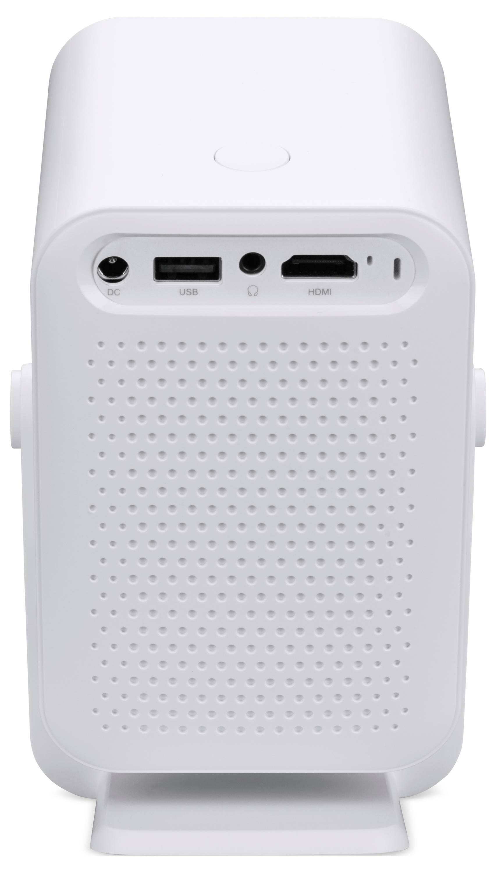 Projecteur portable blanc montré de l'arrière, avec les ports d'alimentation, USB, HDMI et audio au-dessus d'une grille de haut-parleur perforée.