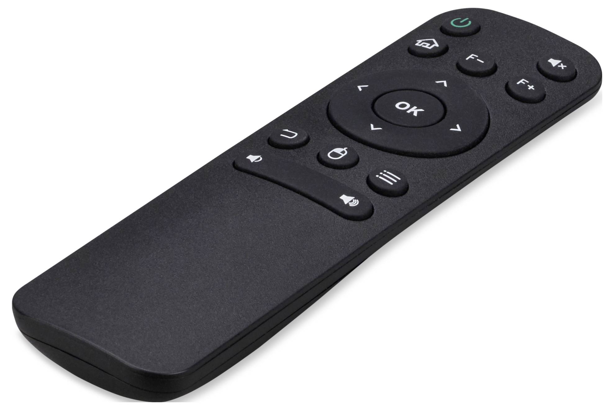Télécommande TV noire avec bouton OK, pavé directionnel, alimentation, accueil, volume et touches de fonction sur fond blanc