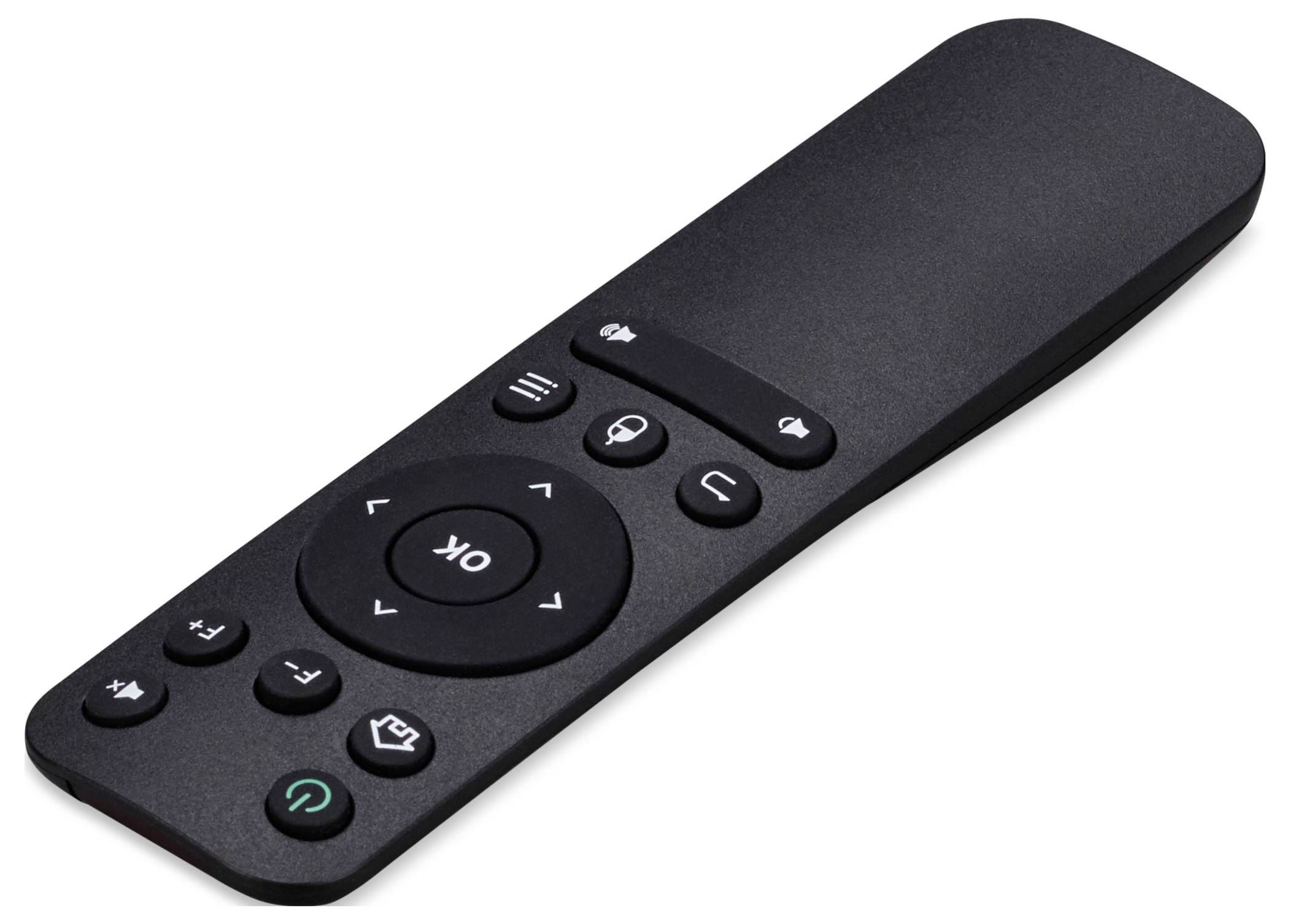 Télécommande de télévision noire avec pavé de navigation, boutons de lecture et bouton d'alimentation sur un fond blanc.