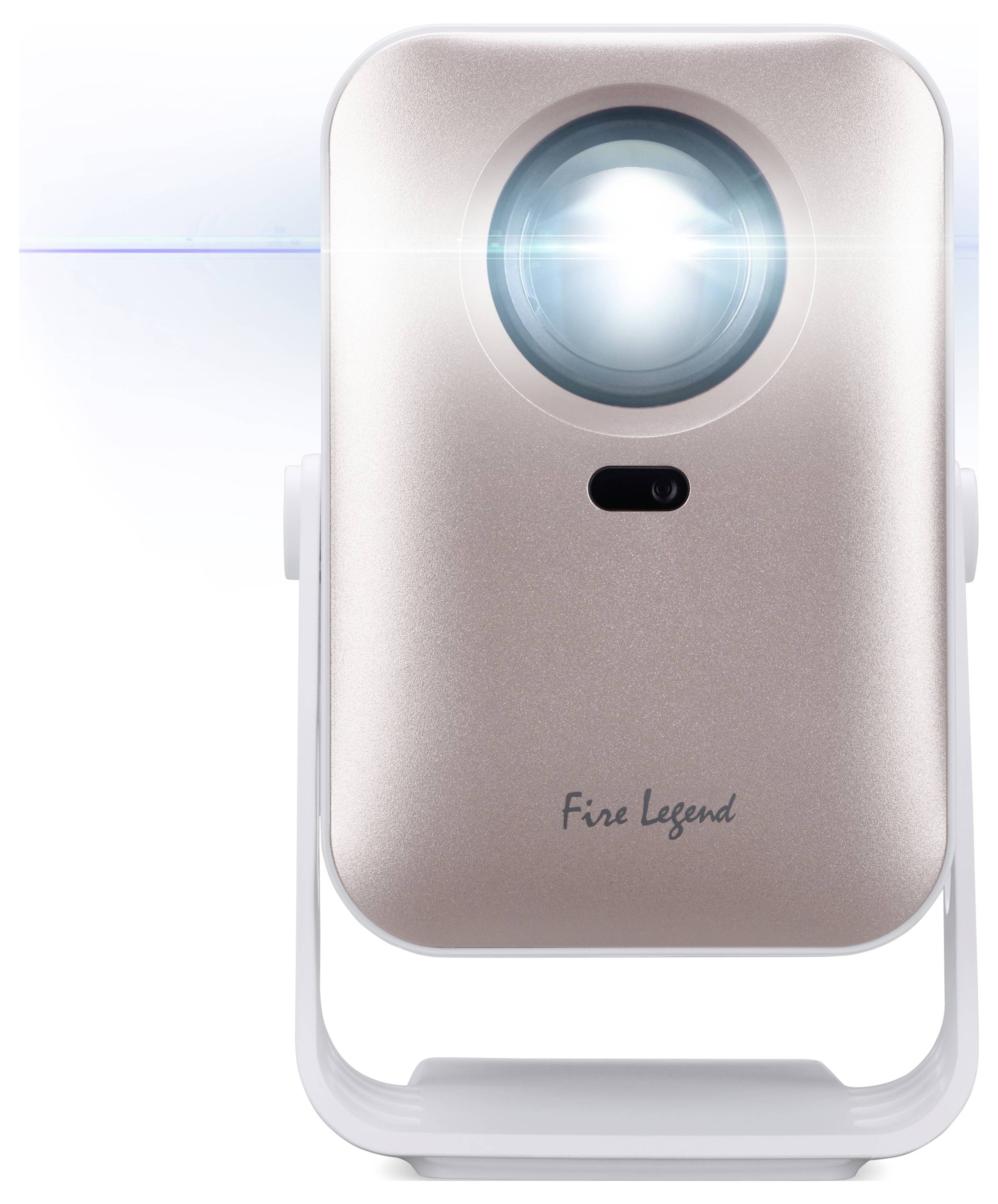 Projecteur compact rose-or étiqueté « Fire Legend » sur un support blanc, avec une lentille brillante centrée près du sommet.