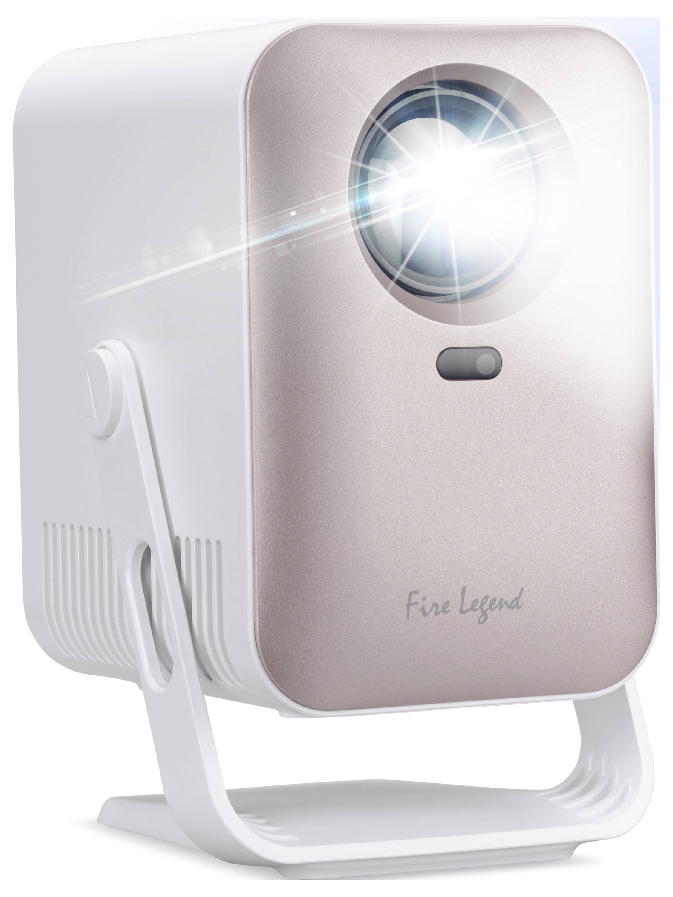 Un projecteur portable compact avec un avant en or rose, un objectif brillant, un petit bouton de contrôle et un support blanc.