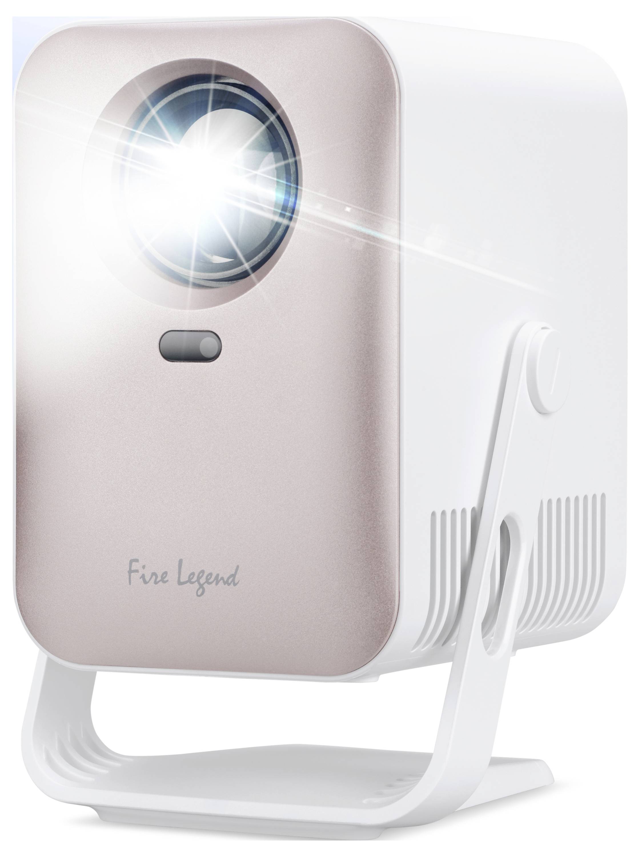 Projecteur portable compact avec une lentille brillante, façade rose-or, corps blanc et pied ajustable sur une base.