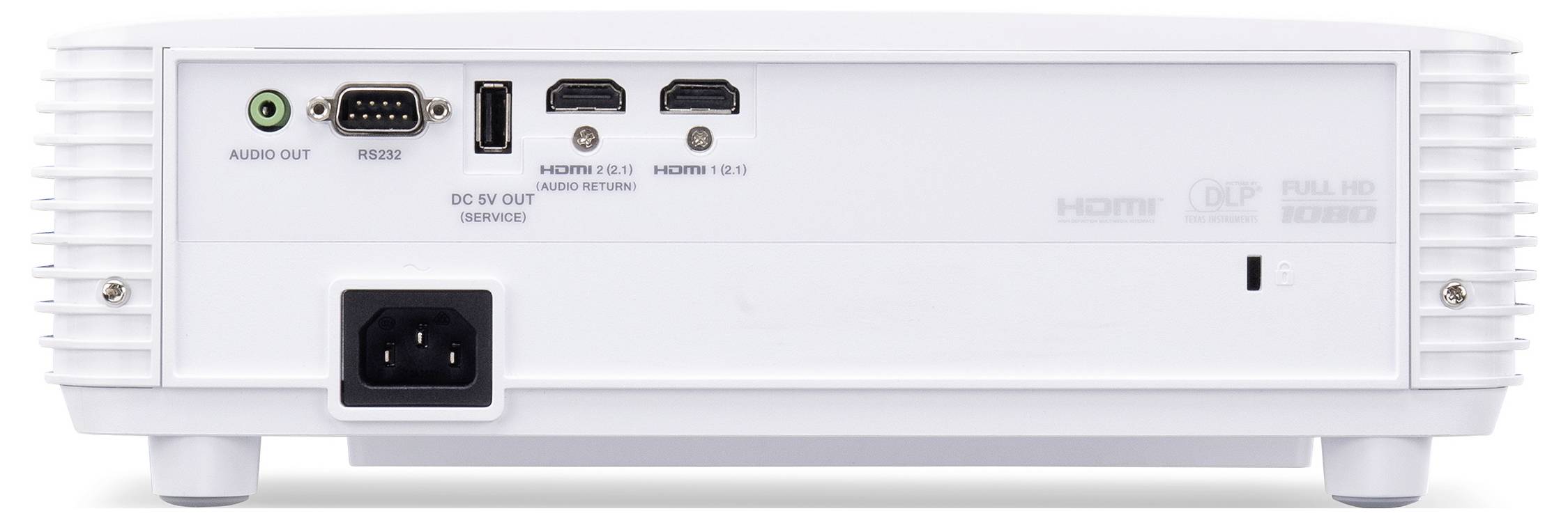 Vue arrière d'un projecteur multimédia blanc montrant les ports de sortie audio, RS-232, entrées USB, HDMI, sortie DC 5V et prise de courant.