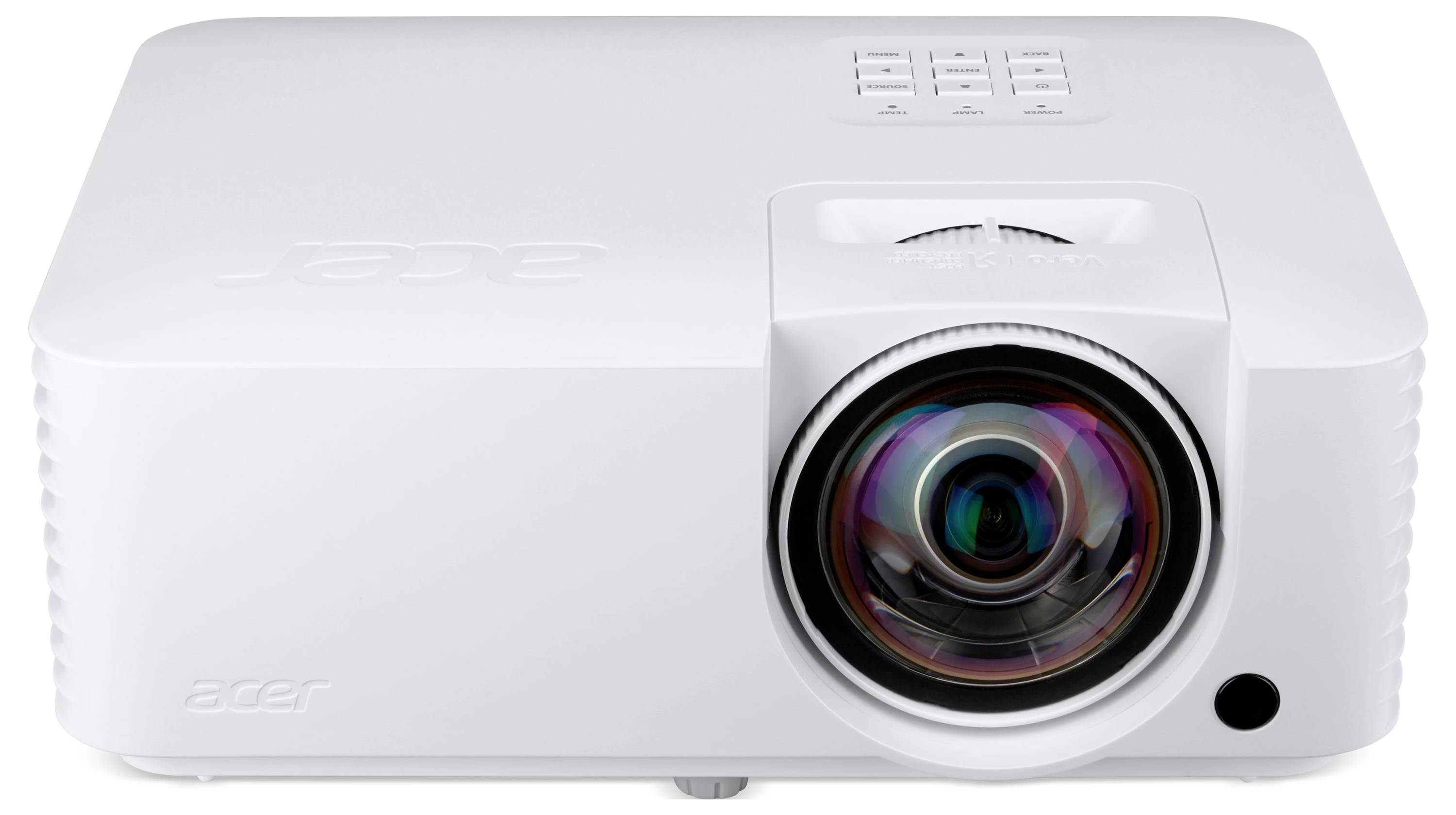 Projecteur Acer blanc montré en vue de face avec un grand objectif et des boutons de contrôle sur le dessus.