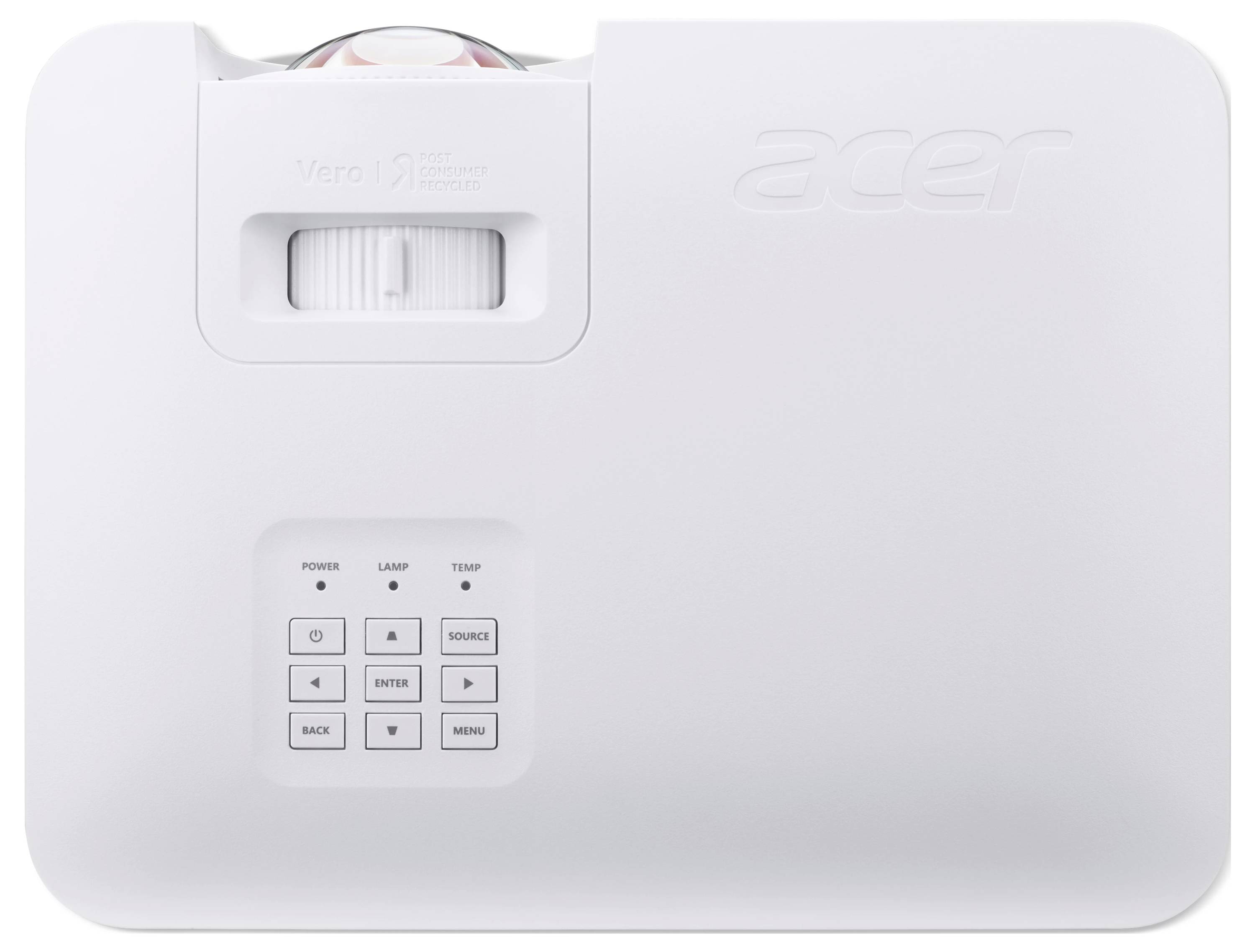 Projecteur Acer blanc vu de dessus, avec l'objectif, le curseur de mise au point et les boutons de contrôle sur le panneau supérieur.