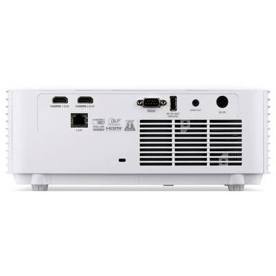 Vue arrière d'un projecteur blanc montrant les ports de connexion : HDMI, LAN, RS-232C, DC 5V OUT, AUDIO OUT et AC IN, ainsi que les grilles de ventilation.
