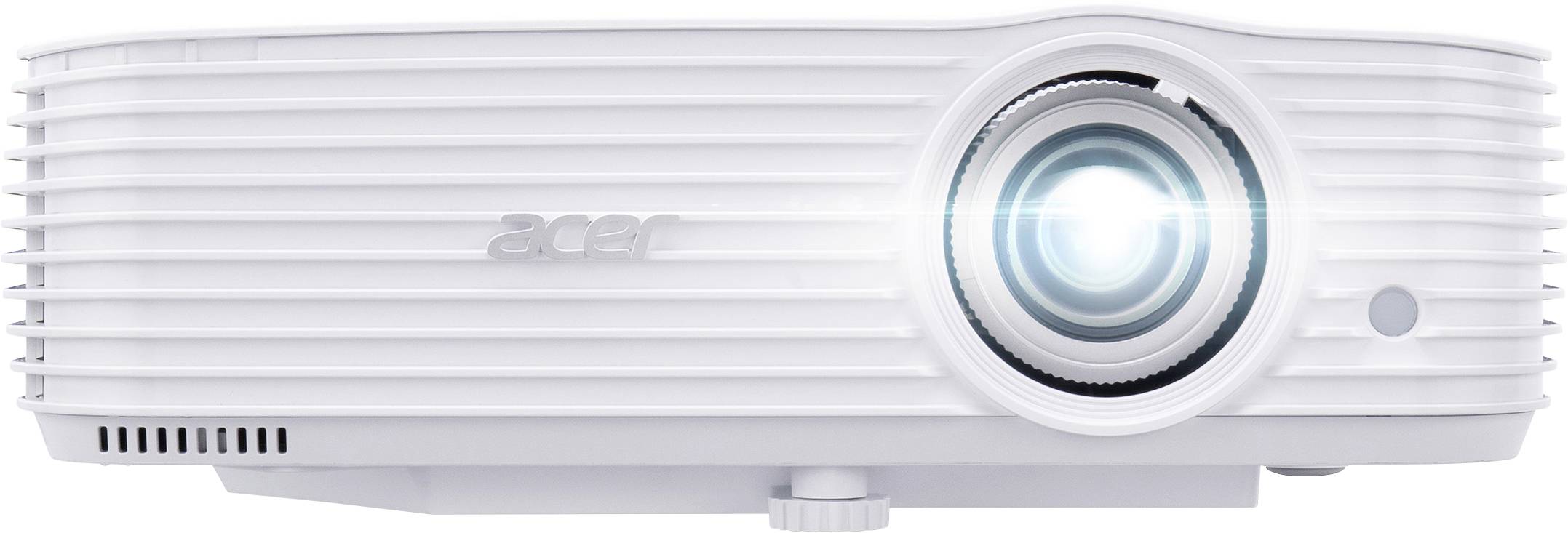 Projecteur Acer blanc montré de face, avec une grande lentille sur la droite et des rainures aérées horizontales sur le boîtier.