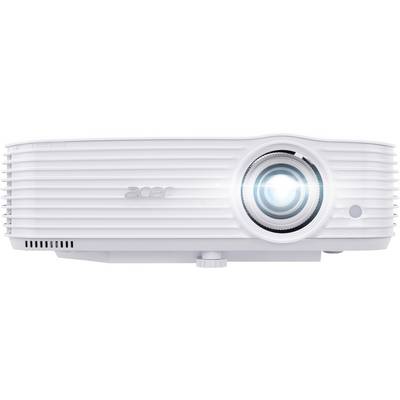 Projecteur Acer blanc montré de face, avec une grande lentille sur la droite et des rainures aérées horizontales sur le boîtier.