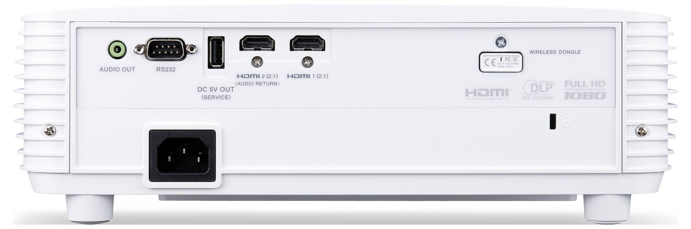 Vue arrière d'un projecteur blanc montrant les ports d'entrée et de sortie, y compris la sortie audio, RS-232, USB, HDMI et le connecteur d'alimentation.