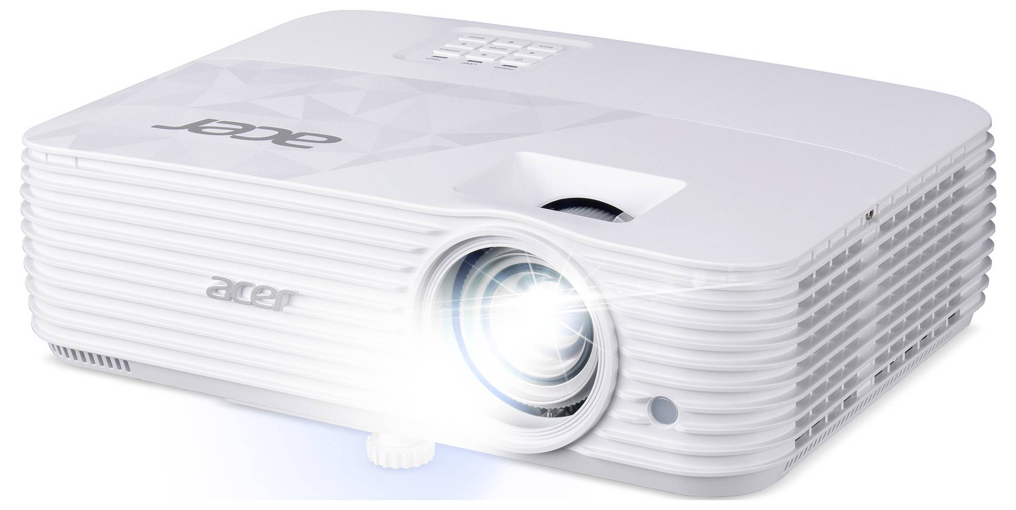 Projecteur Acer blanc avec objectif luminescent, présenté en vue trois-quarts sur un fond uni.