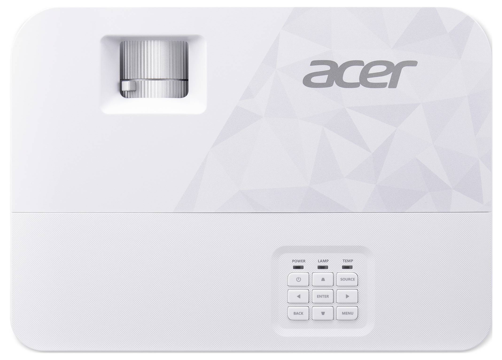 Projecteur Acer blanc vu de dessus, avec l'objectif en haut à gauche, le logo Acer en haut à droite, et les boutons de contrôle centrés sur le panneau inférieur.