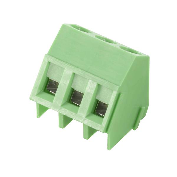 Bloc de connecteur à bornes à vis à trois positions de couleur verte sur un fond blanc.