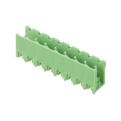 Bloc de bornes électriques multibroches vert avec broches métalliques sur fond blanc.