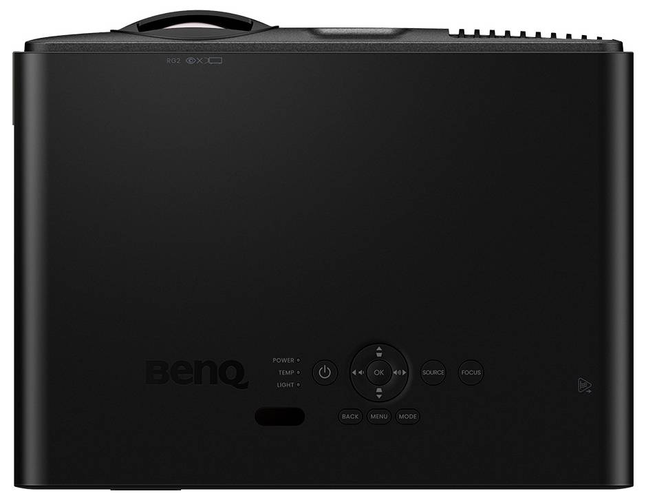 Projecteur BenQ noir vu de dessus, montrant la poignée supérieure, les boutons de contrôle et les voyants indicateurs.