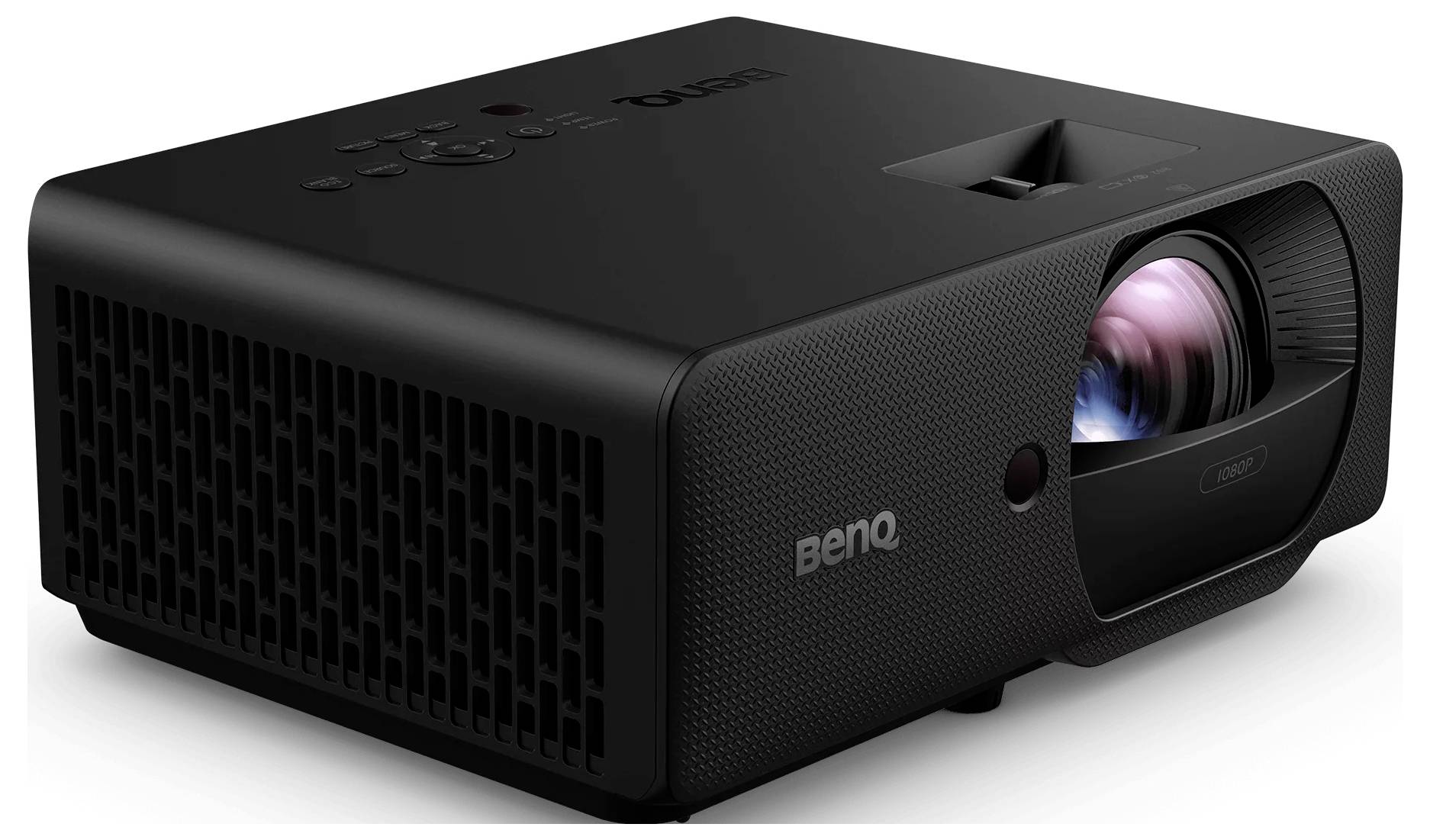 Projecteur BenQ noir présenté en vue trois-quarts, avec objectif brillant rose et bleu sur fond blanc.