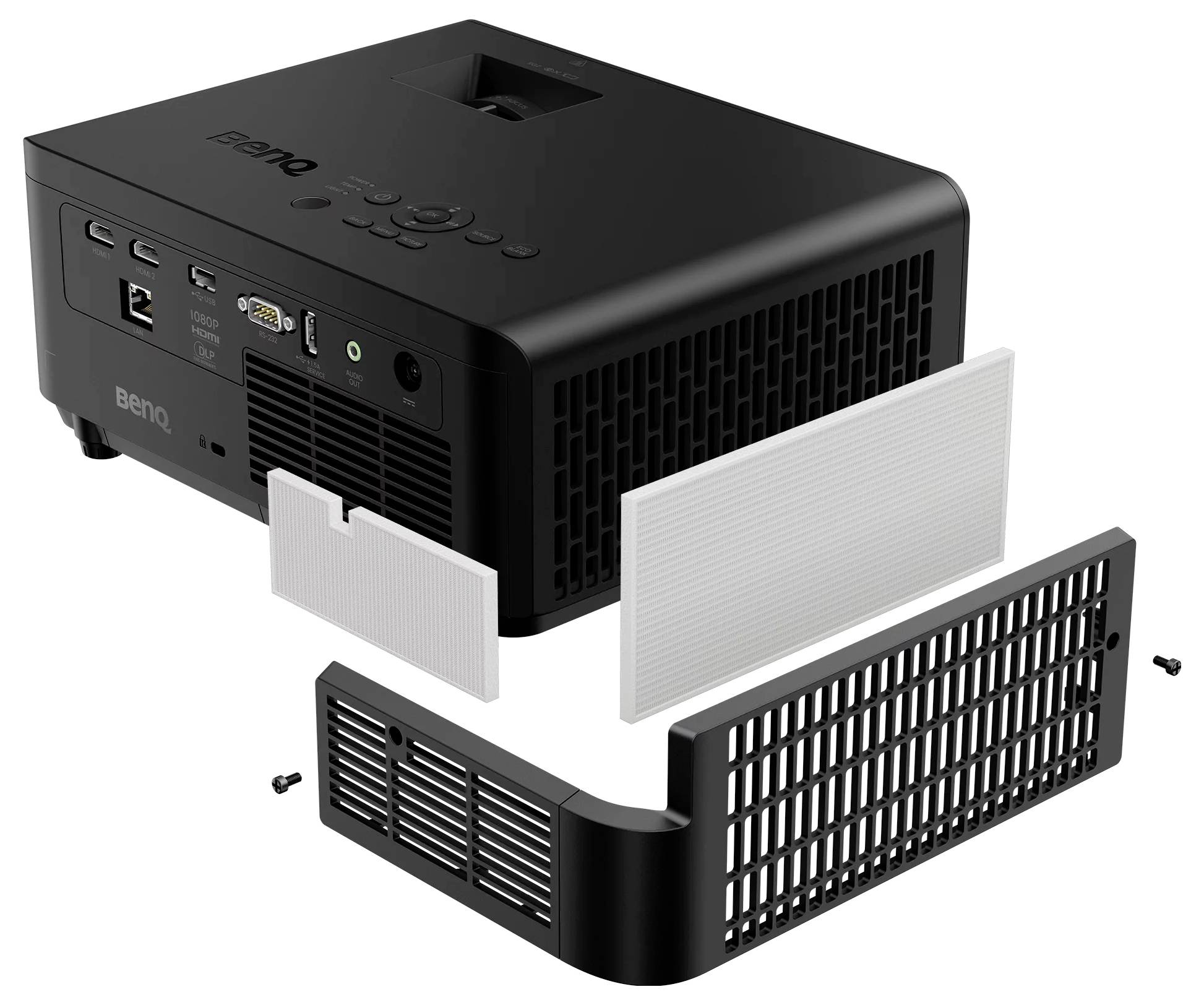 Projecteur BenQ présenté avec filtres à air amovibles et capots de ventilation latérale séparés, illustrant l'accès aux filtres et la maintenance.