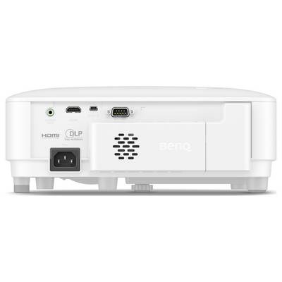 Vue de face d'un projecteur DLP BenQ blanc montrant les ports HDMI, audio et d'alimentation sur le panneau arrière.