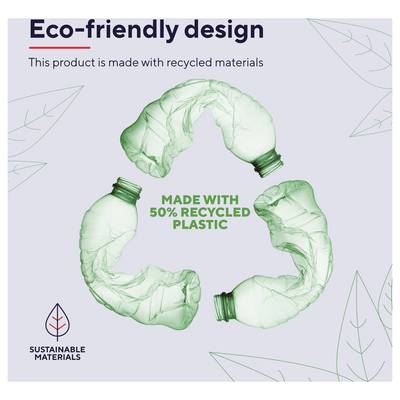 Affiche de conception écologique montrant un symbole de recyclage fabriqué à partir de bouteilles en plastique broyées avec le texte « Fabriqué avec 50 % de plastique recyclé » et « Matériaux durables ».
