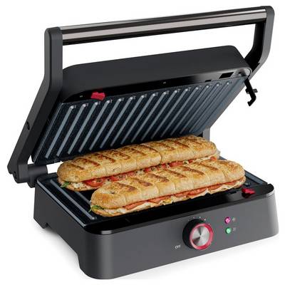 Presse à sandwich ouverte grillant deux longs sandwichs baguette farcis, avec voyants indicateurs et cadran de température visibles.