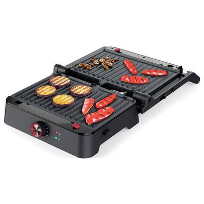 Gril électrique double face avec plaques ouvertes et nervurées cuisinant des hamburgers, des crevettes, des saucisses et des filets de poisson rouge.