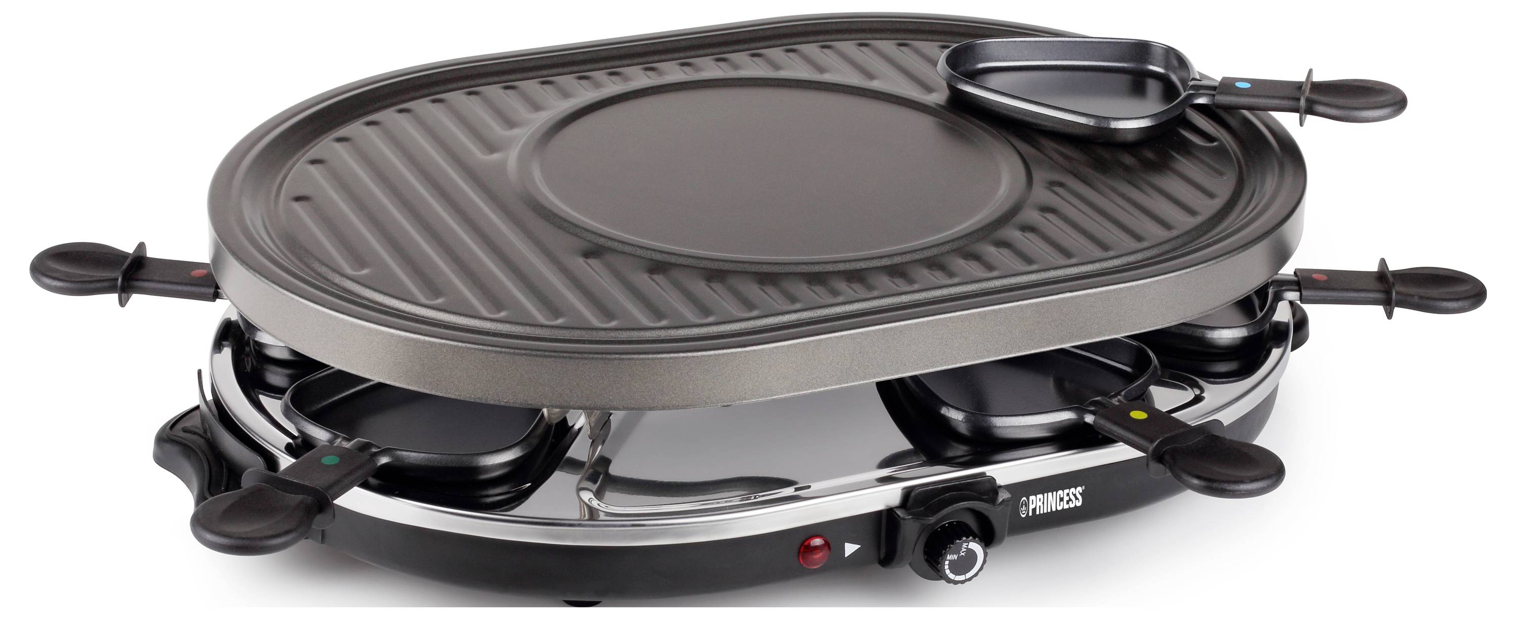 Grill de table portable de forme ovale avec une surface de cuisson nervurée et une petite poêle sur le dessus, présenté avec des poignées latérales et un bouton de commande.