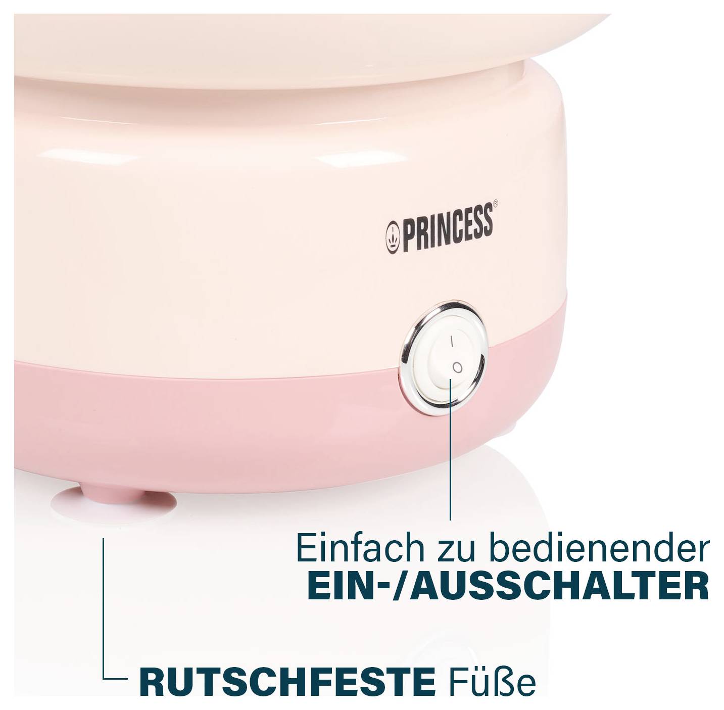 Gros plan de l'appareil Pink Princess avec le bouton d'alimentation en évidence ; les légendes allemandes indiquent « Interrupteur MARCHE/ARRÊT facile à utiliser » et « Pieds ANTIDÉRAPANTS ».