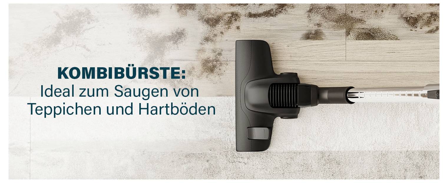 Image publicitaire d'une brosse combinée sur aspirateur sur tapis et sol dur; Texte: 'BROSSE COMBINÉE: Idéale pour aspirer les tapis et les sols durs'