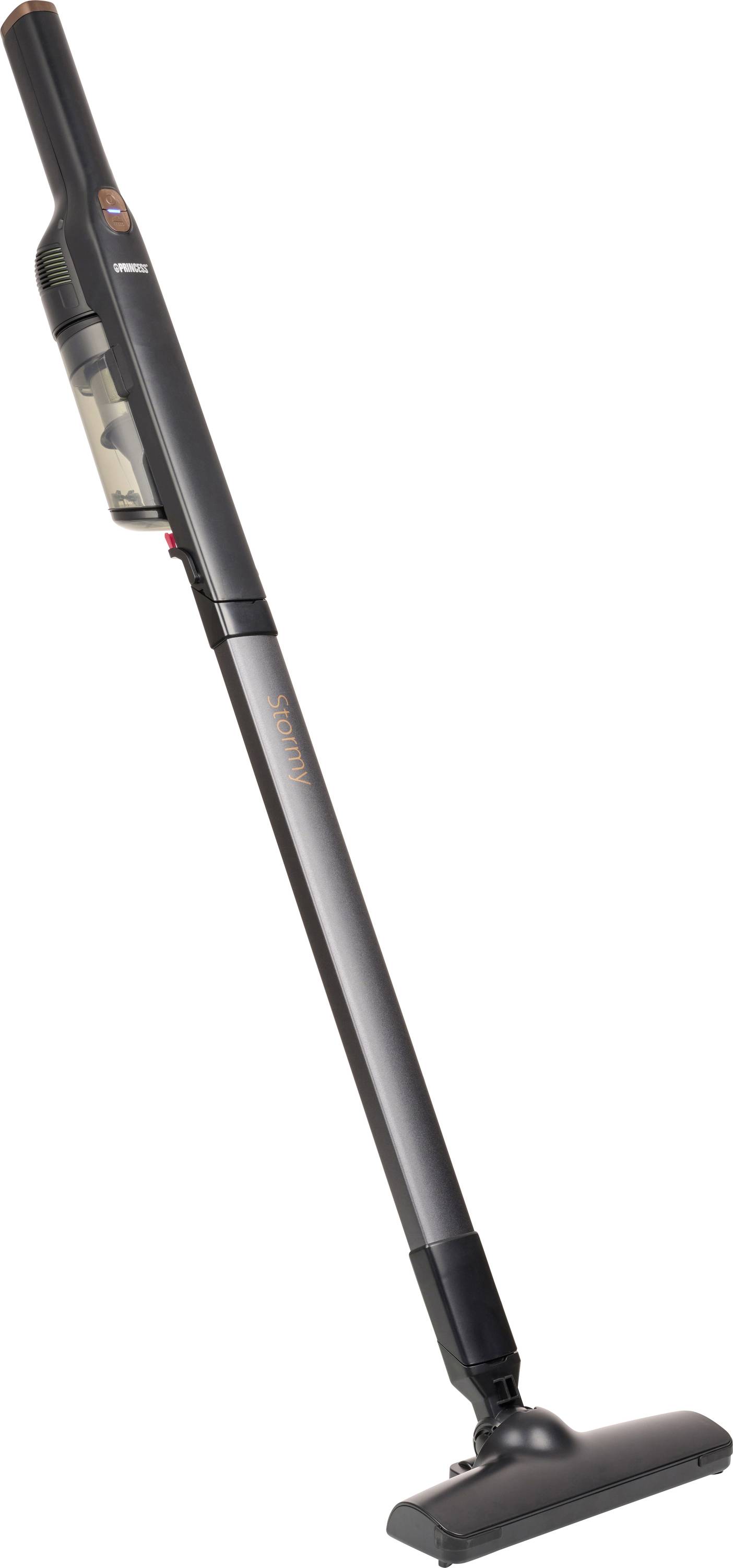 Aspirateur balai sans fil noir sur fond blanc, présenté en position verticale avec tête de sol attachée.