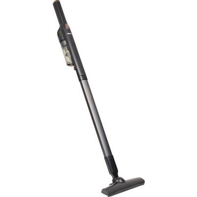 Aspirateur balai sans fil noir sur fond blanc, présenté en position verticale avec tête de sol attachée.