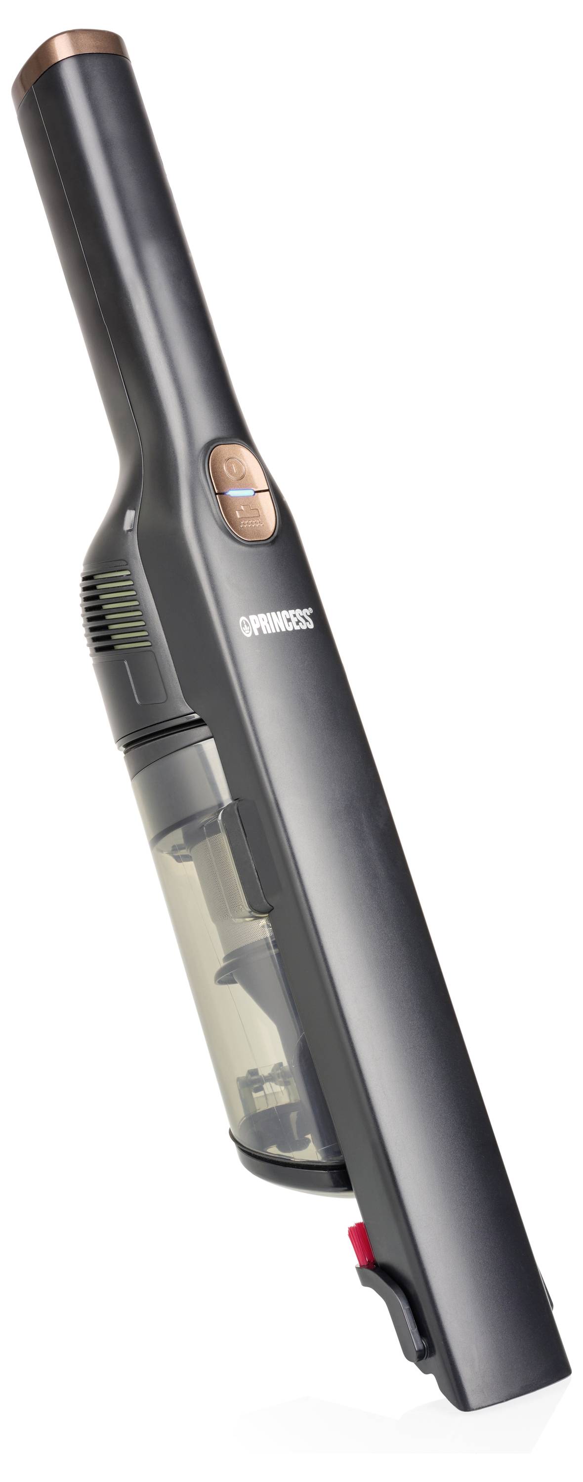 Aspirateur à main sans fil présenté verticalement sur un fond blanc, avec un bac à poussière transparent et des commandes de couleur cuivre.
