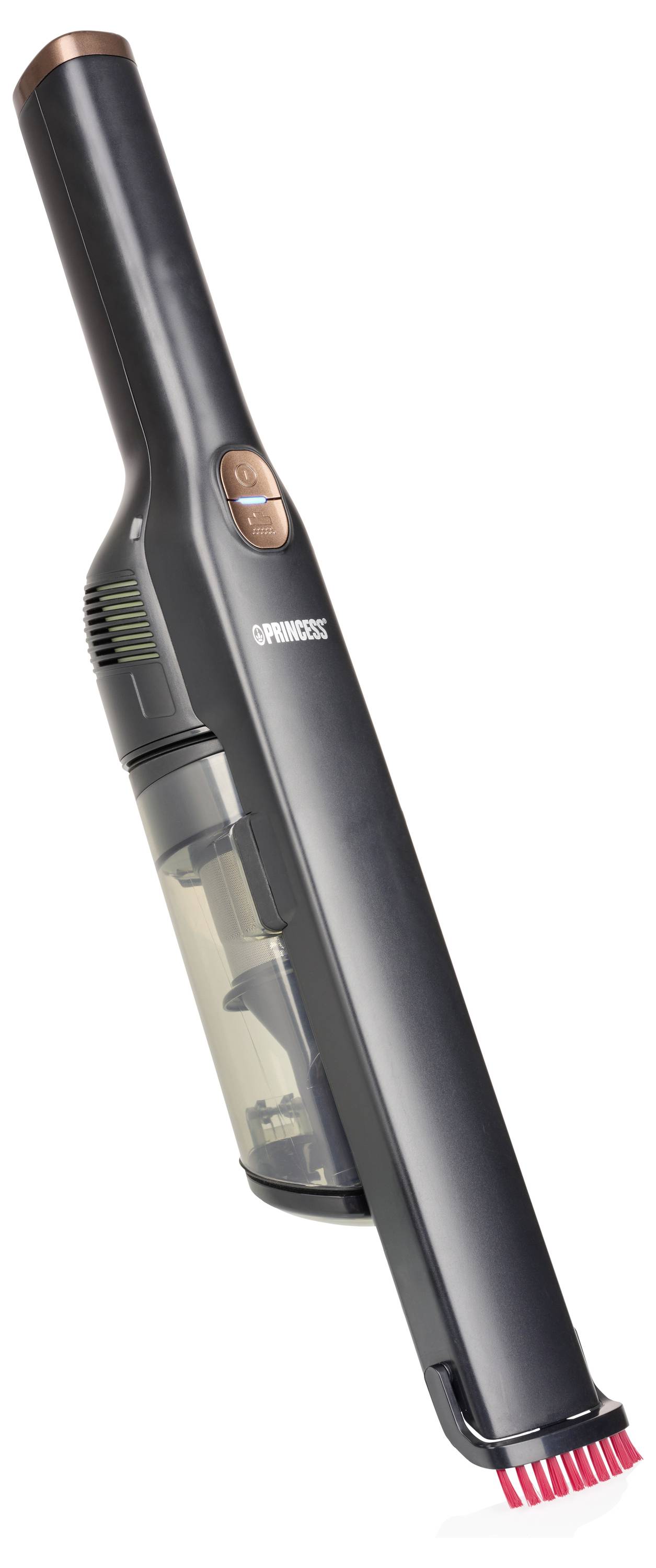 Aspirateur sans fil portatif noir avec bac à poussière transparent et accessoire de brosse rouge, présenté sur un fond blanc.