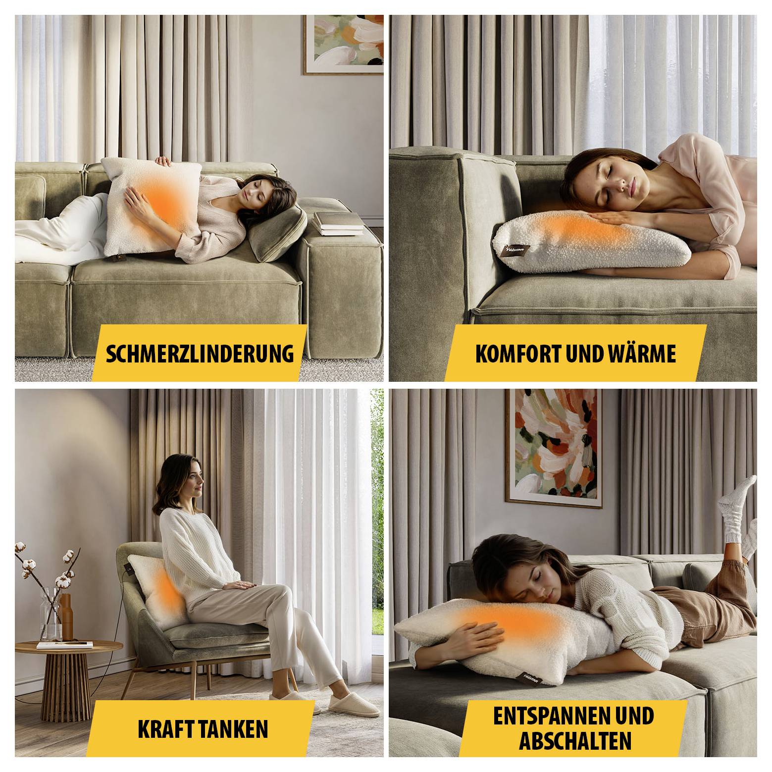 Quatre photos d'une femme avec un coussin chauffant sur un canapé et un fauteuil ; légendes : « Soulagement de la douleur », « Confort et chaleur », « Recharger les batteries », « Se détendre et déconnecter ».