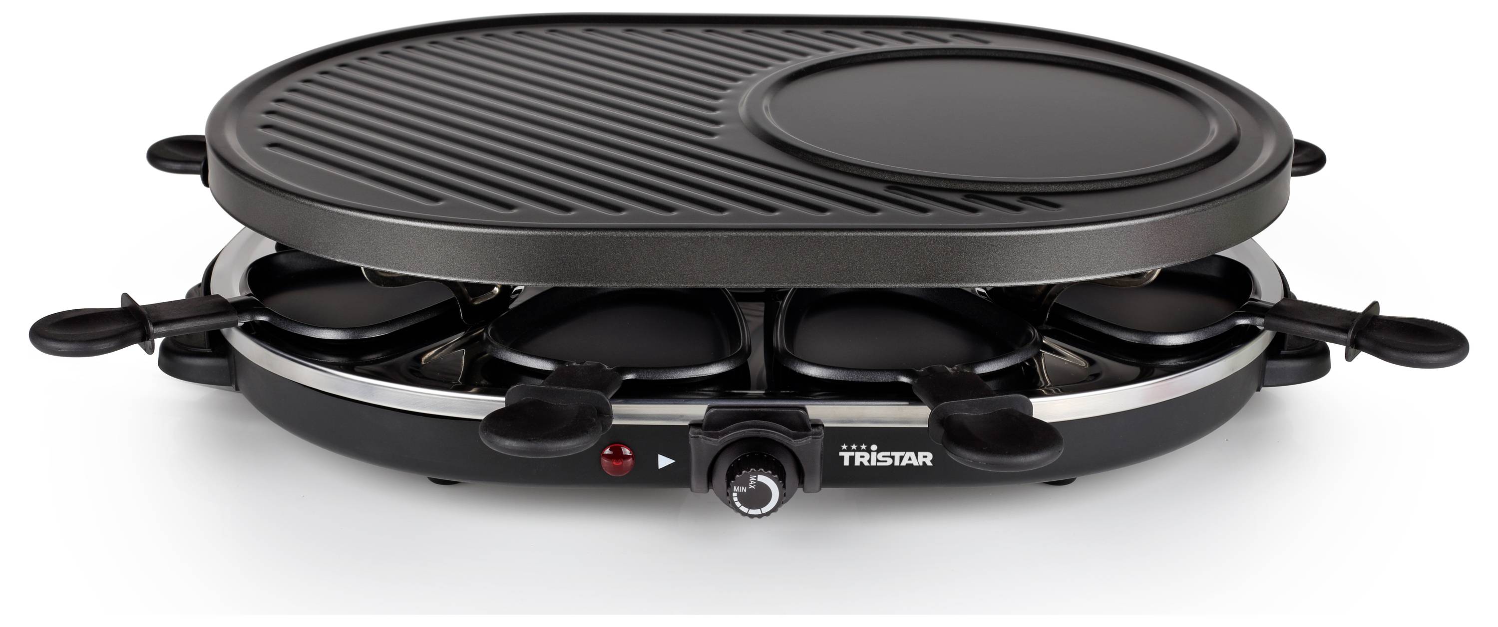 Grill à raclette électrique noir avec une plaque chauffante ovale, huit petits poêlons dessous, et un bouton de contrôle de température à l'avant.