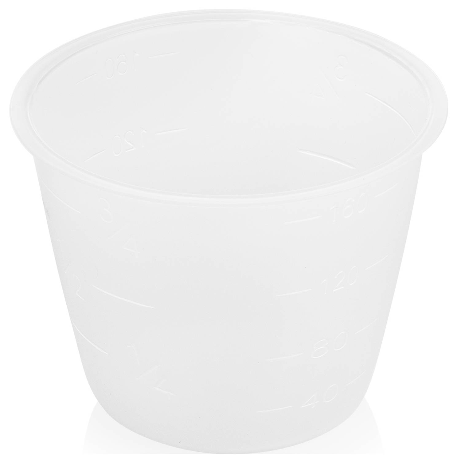 Tasse à mesurer en plastique transparent jetable avec graduations de volume en relief, présentée vide sur un fond blanc.