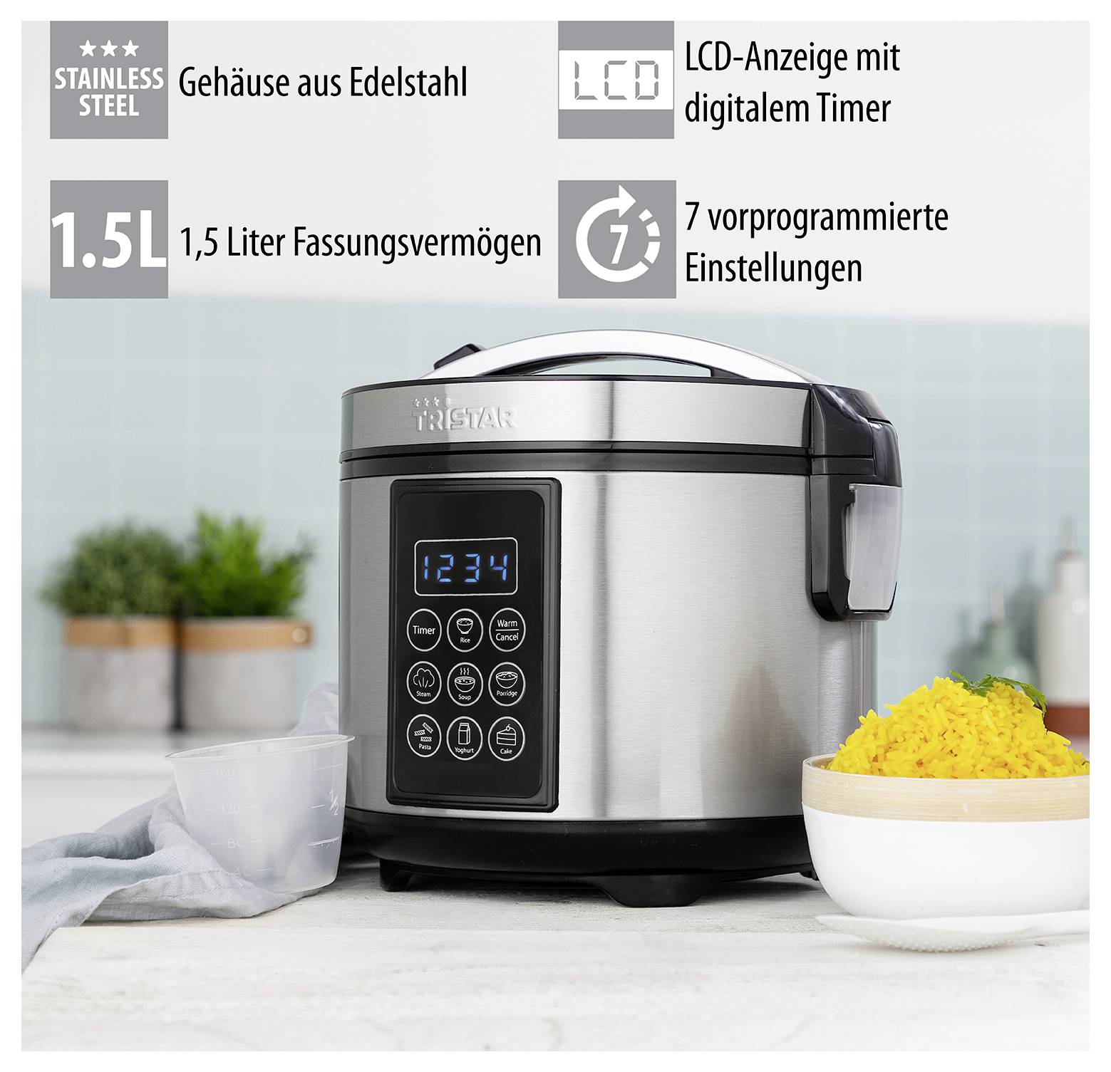 Cuiseur à riz en acier inoxydable avec minuteur numérique, capacité de 1,5 litre et 7 modes prédéfinis présenté à côté d'un bol de riz.