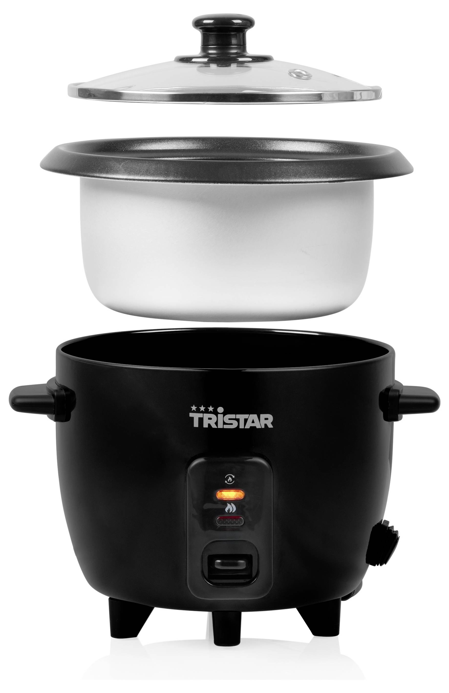 Cuiseur électrique pour aliments montré en trois parties : couvercle en verre, pot intérieur et base noire avec logo « TRISTAR » et commandes.