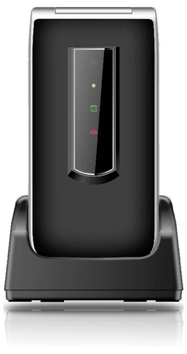 Base de téléphone sans fil noir avec station de charge et indicateurs de statut illuminés sur le panneau avant.
