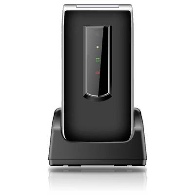Base de téléphone sans fil noir avec station de charge et indicateurs de statut illuminés sur le panneau avant.