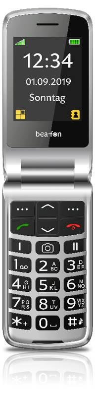 Téléphone à clapet argenté Beafon montré ouvert, avec un grand affichage d'horloge indiquant 12:34, la date 01.09.2019, et des boutons de clavier d'appel/fin d'appel en dessous.
