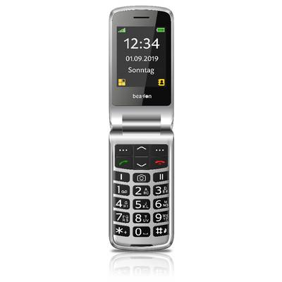 Téléphone à clapet argenté Beafon montré ouvert, avec un grand affichage d'horloge indiquant 12:34, la date 01.09.2019, et des boutons de clavier d'appel/fin d'appel en dessous.